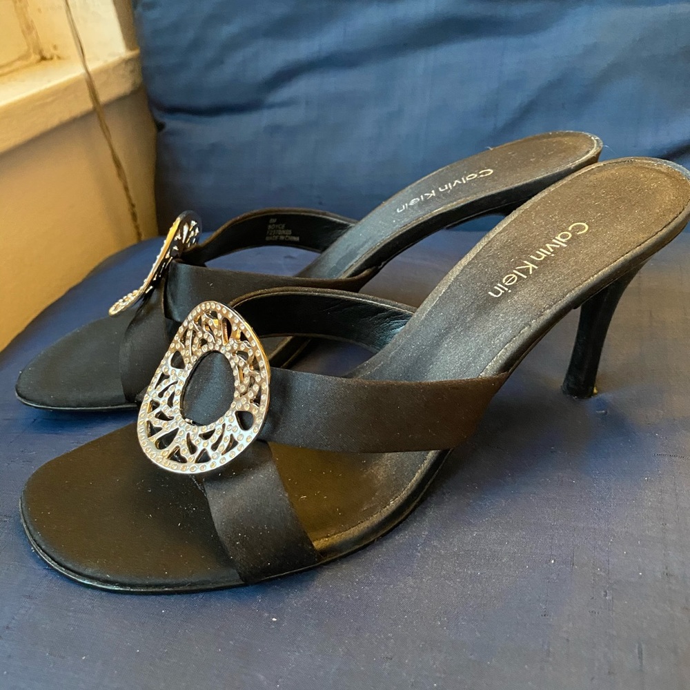 Black satin sandals with silver and diamond detail